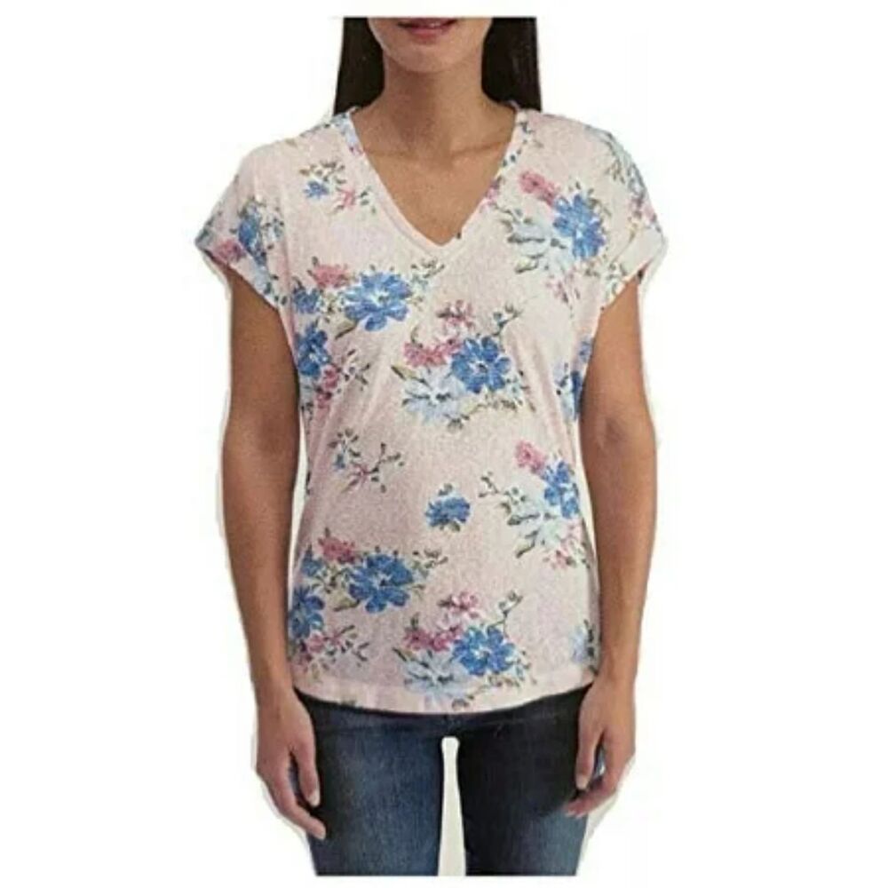 NWT B Collection by Bobeau Women's Medium Pink Floral French Terry V-Neck Tee